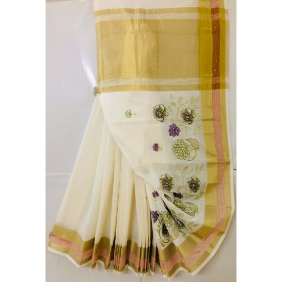 Pure Cotton Embroidery Saree With Stone Work