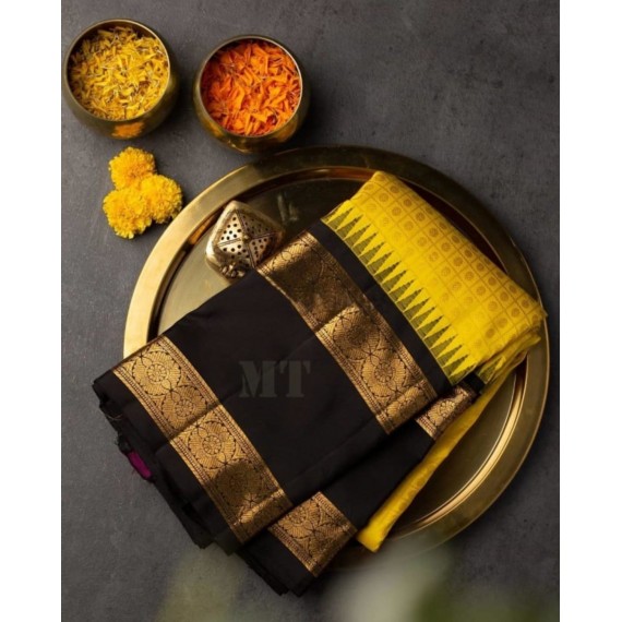 Gold Banarasi Silk Saree All Over Weave With Gold Zari Brocade On Black Satin