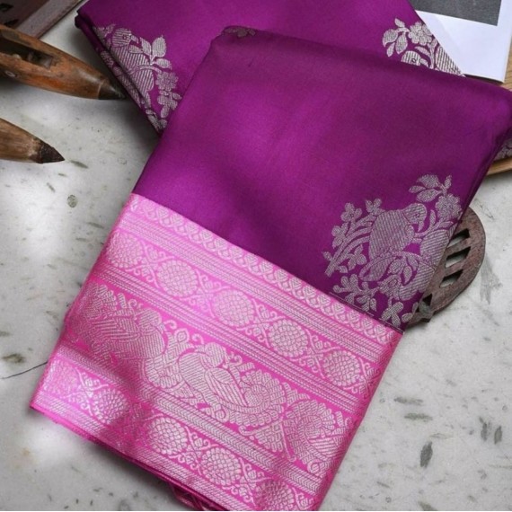 Purple Banarasi Silk Saree All Over Silver Zari Weave With Silver Zari Brocade
