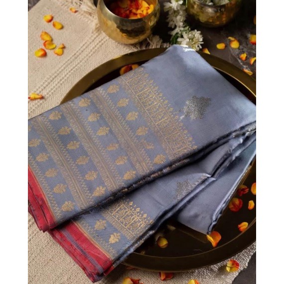 Gray Banarasi Silk Saree All Over Silver Zari Boota Weave With Gold Zari Brocade