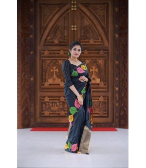 Black Banarasi Silk With Multi Color Meena And Gold Zari Weaved Saree