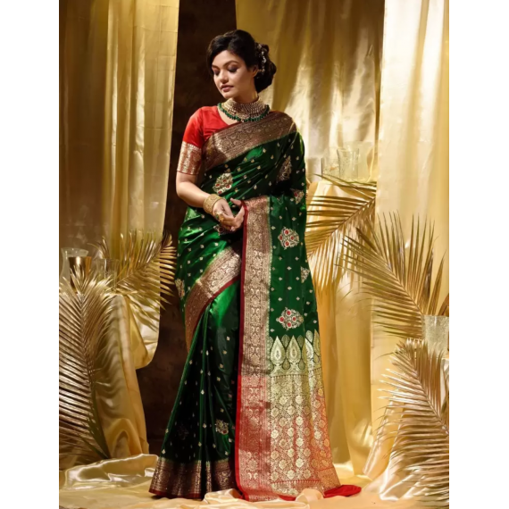 Pure Banarasi Silk Bottle Green Embroidery Saree With Gold Zari Weaved Pallu And Border