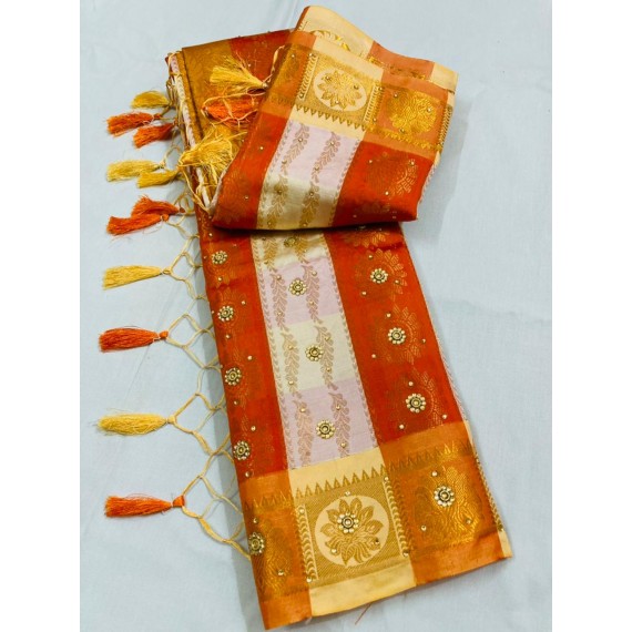 Orange Cream Patta Banarasi Silk All Over Zari Weaved With Stone Work Saree
