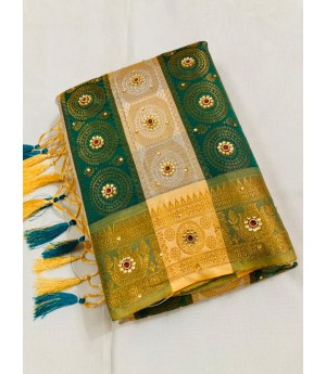 Teal Cream Patta Banarasi Silk All Over Zari Weaved With Stone Work Saree