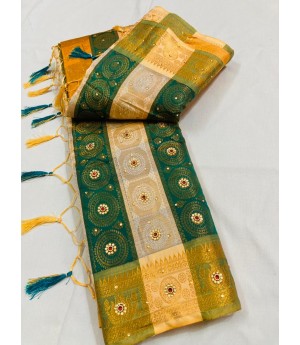 Teal Cream Patta Banarasi Silk All Over Zari Weaved With Stone Work Saree
