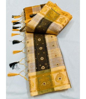 Dark Brown Cream Patta Banarasi Silk All Over Zari Weaved With Stone Work Saree