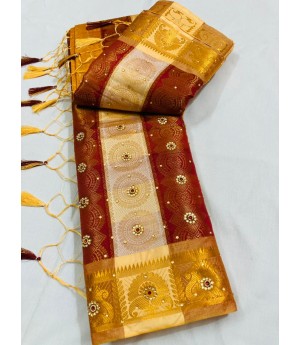 Maroon Cream Patta Banarasi Silk All Over Zari Weaved With Stone Work Saree