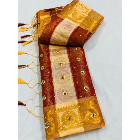 Maroon Cream Patta Banarasi Silk All Over Zari Weaved With Stone Work Saree