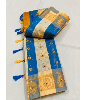 Sky Blue Cream Patta Banarasi Silk All Over Zari Weaved With Stone Work Saree