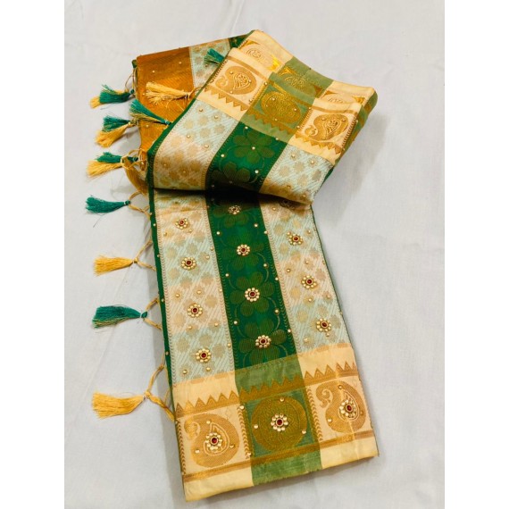 Green Cream Patta Banarasi Silk All Over Zari Weaved With Stone Work Saree