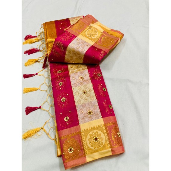 Magenta Cream Patta Banarasi Silk All Over Zari Weaved With Stone Work Saree