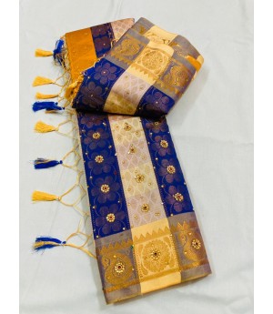 Navy Blue Cream Patta Banarasi Silk All Over Zari Weaved With Stone Work Saree