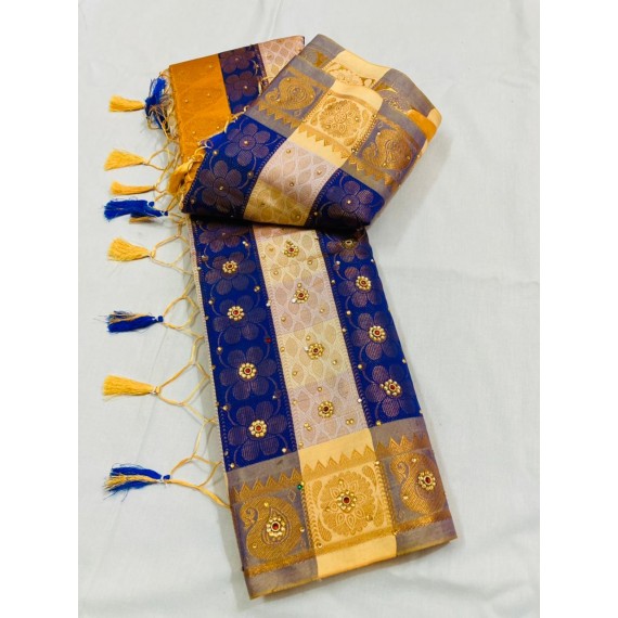 Navy Blue Cream Patta Banarasi Silk All Over Zari Weaved With Stone Work Saree