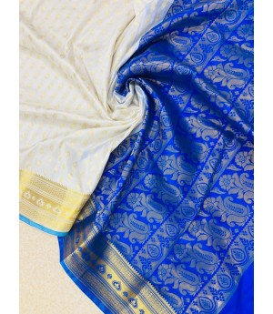 White Banarasi Silk All Over Gold Zari Weaved Booti With Navy Blue Weaved Pallu Saree