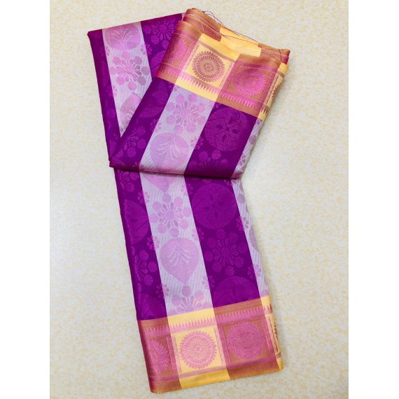 Purple Cream Patta Banarasi Silk All Over Zari Weaved Saree