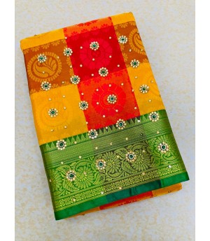 Lemon Multicolor Patta Banarasi Silk All Over Zari Weaved Stone Work Saree