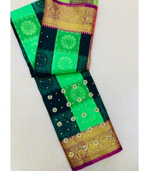 Lime Multicolor Patta Banarasi Silk All Over Zari Weaved Stone Work Saree