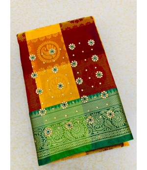 Maroon Multicolor Patta Banarasi Silk All Over Zari Weaved Stone Work Saree