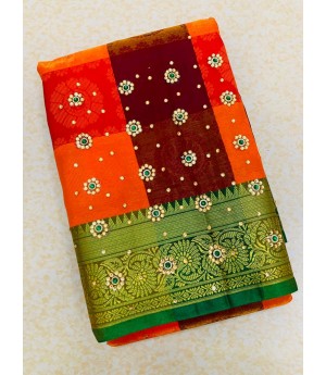 Orange Multicolor Patta Banarasi Silk All Over Zari Weaved Stone Work Saree