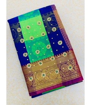 Lime Green Multicolor Patta Banarasi Silk All Over Zari Weaved Stone Work Saree