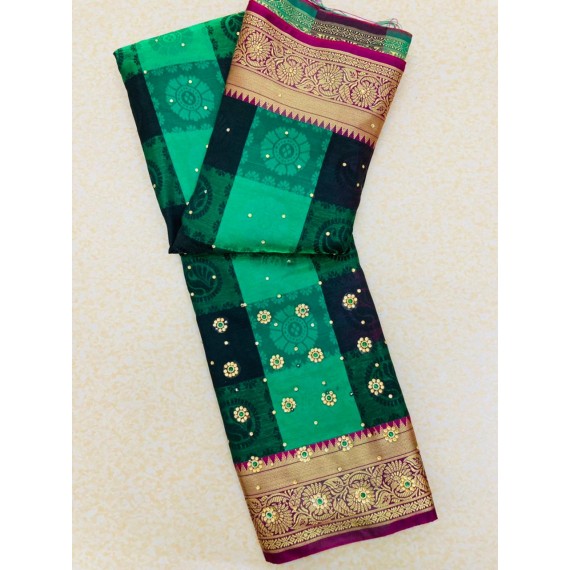 Light Green Multicolor Patta Banarasi Silk All Over Zari Weaved Stone Work Saree