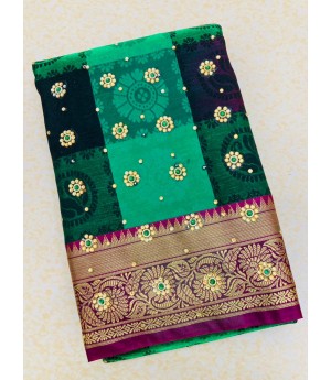 Light Green Multicolor Patta Banarasi Silk All Over Zari Weaved Stone Work Saree