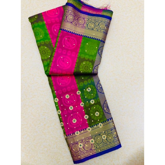 Mehendi Multicolor Patta Banarasi Silk All Over Zari Weaved Stone Work Saree