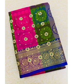 Mehendi Multicolor Patta Banarasi Silk All Over Zari Weaved Stone Work Saree