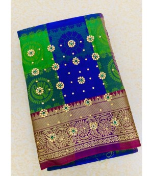Navy Blue Multicolor Patta Banarasi Silk All Over Zari Weaved Stone Work Saree