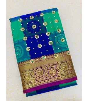 Sea Green Multicolor Patta Banarasi Silk All Over Zari Weaved Stone Work Saree