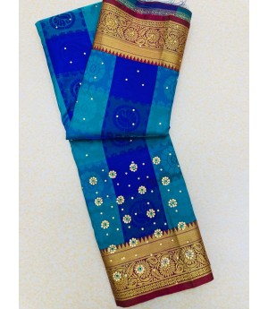 Light Blue Multicolor Patta Banarasi Silk All Over Zari Weaved Stone Work Saree