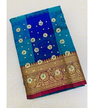 Light Blue Multicolor Patta Banarasi Silk All Over Zari Weaved Stone Work Saree