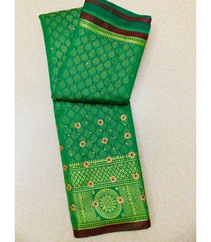 Green Cotton Silk Jhalak All Over Zari Weaved Stone Work Saree