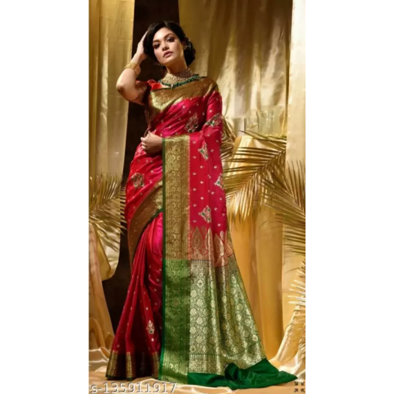 Pure Banarasi Silk Red Embroidery Saree With Gold Zari Weaved Pallu And Border