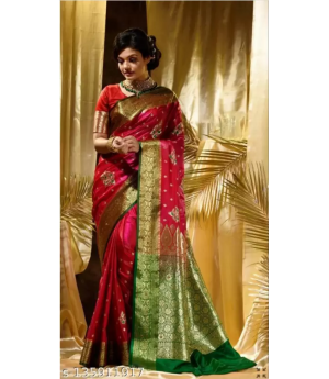 Pure Banarasi Silk Red Embroidery Saree With Gold Zari Weaved Pallu And Border