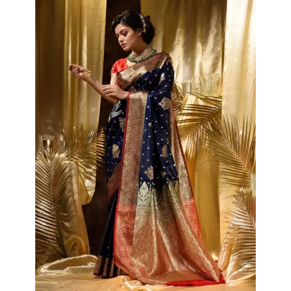 Pure Banarasi Silk Navy Blue Embroidery Saree With Gold Zari Weaved Pallu And Border