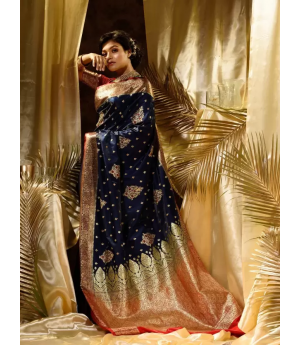Pure Banarasi Silk Navy Blue Embroidery Saree With Gold Zari Weaved Pallu And Border
