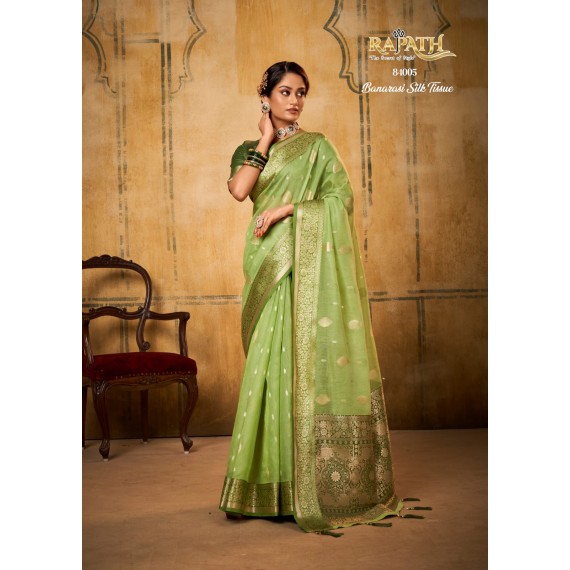 Olive Green Pure Banarasi Tissue Silk All Over Zari Booti Weaved With Rich Pallu Border Saree