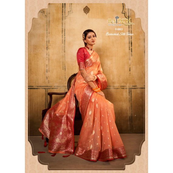 Peach Pure Banarasi Tissue Silk All Over Zari Booti Weaved With Rich Pallu Border Saree