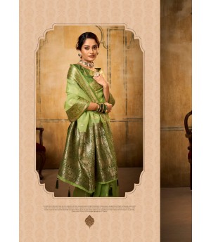 Olive Green Pure Banarasi Tissue Silk All Over Zari Booti Weaved With Rich Pallu Border Saree