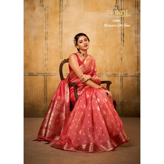 Reddish Pure Banarasi Tissue Silk All Over Zari Booti Weaved With Rich Pallu Border Saree