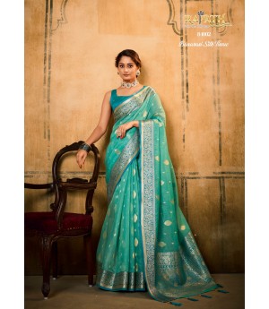 Sea Green Pure Banarasi Tissue Silk All Over Zari Booti Weaved With Rich Pallu Border Saree