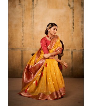 Gold Pure Banarasi Tissue Silk All Over Zari Booti Weaved With Rich Pallu Border Saree