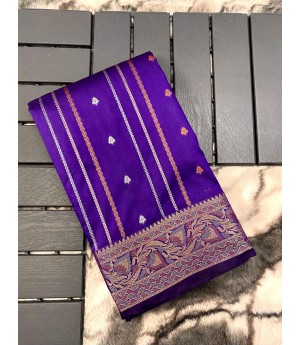 Royal Blue Pure Banarasi Silk All Over Gold Copper Zari Lining With Rich Antique Zari Pallu & Border Saree