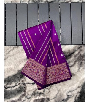 Purple Pure Banarasi Silk All Over Gold Copper Zari Lining With Rich Antique Zari Pallu & Border Saree