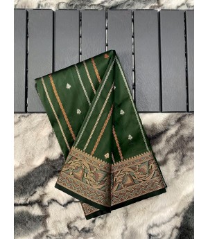 Mehendi Green Pure Banarasi Silk All Over Gold Copper Zari Lining With Rich Antique Zari Pallu & Border Saree