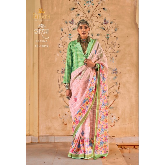 Peach Linen Kora All Over Weaved Checks Floral Print Body With Zari Border Saree
