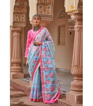 Sky Blue Linen Kora All Over Weaved Checks Floral Print Body With Zari Border Saree