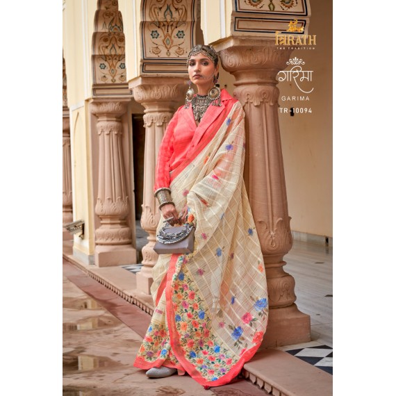 Cream Linen Kora All Over Weaved Checks Floral Print Body With Zari Border Saree