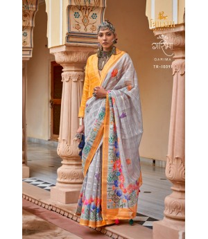 Gray Linen Kora All Over Weaved Checks Floral Print Body With Zari Border Saree